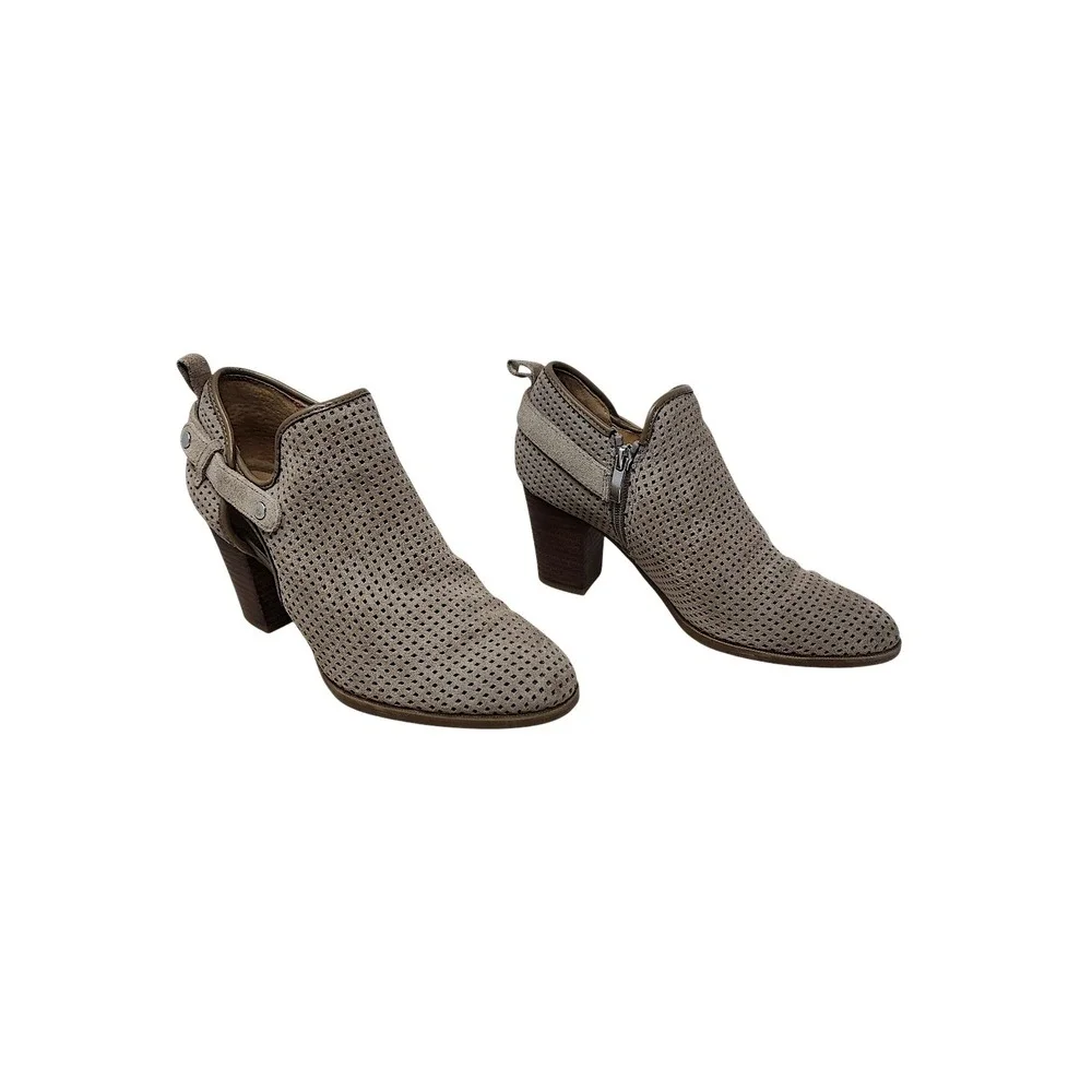 Franco Sarto Ankle Booties 7.5M Women Taupe Perforated Leather Dale 2 Block Heel